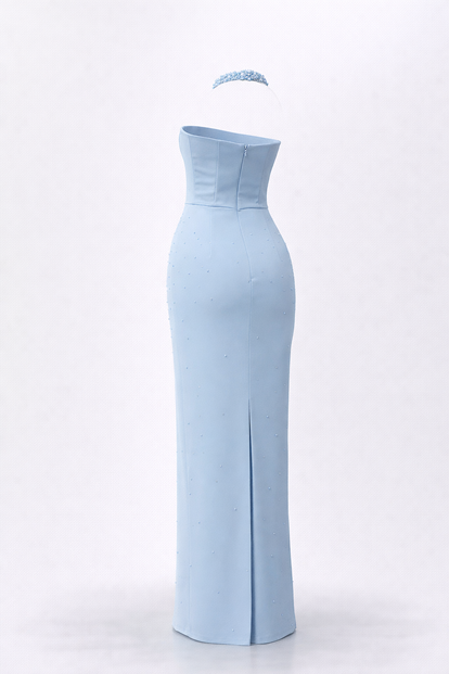 Bebe Mavi Halter Yaka İnci Detay Abiye Elbise